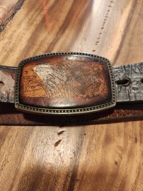 Men's Brown Leather Belt with Eagle-Engraved Buckle Alumaline 90'S Vintage